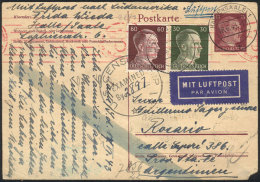 Postal Card (Hitler 15Pf.) + Hitler Stamps Of 30 And 60Pf. (total 1.05Mk.) Sent By Airmail From Halle To Argentina... - Other & Unclassified