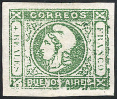 GJ.16, 4R. Green, With Variety "bottom Frame Incomplete And Several Vertical White Lines", Tiny Thin On Reverse,... - Buenos Aires (1858-1864)