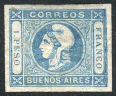 GJ.17A, 1P. Green-blue, Mint, Ample Margins, Part Original Gum, Very Good Example, Catalog Value US$250 - Buenos Aires (1858-1864)