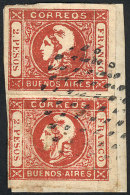 GJ.18, 2P. Red, Semi-clear Impression, 2 Examples Of 4 Complete Margins On A Small Fragment With Dotted Cancel Of... - Buenos Aires (1858-1864)