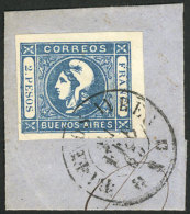 GJ.20, 2P. Blue, Clear Impression, Fantastic Example Of Very Ample Margins, On Fragment Used In Buenos Aires On... - Buenos Aires (1858-1864)