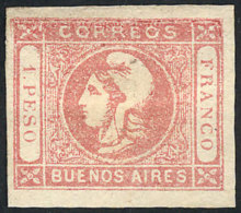 GJ.21, 1P. Rose, Semi-clear Impression, Mint, Very Wide Margins, With Variety "top Frame Line Crushed", Tiny Pin... - Buenos Aires (1858-1864)