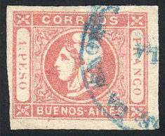 GJ.21, 1P. Rose, With A Cancel Not Known Until Today: "CORREOS DE LA ENSENADA Y DE LA BOCA", In Blue Circle, Great... - Buenos Aires (1858-1864)