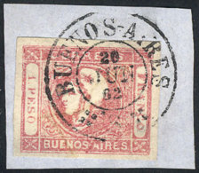 GJ.21A, 1P. Worn Impression, Rare CARMINISH ROSE Color, On Fragment Used In Buenos Aires On 20/JUN/1862, VF... - Buenos Aires (1858-1864)