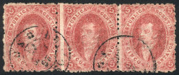 GJ.25, 4th Printing, Beautiful Strip Of 3 With VARIETY: The Vertical Perf Between The 1st And 2nd Stamp Is Shifted... - Oblitérés