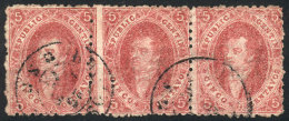 GJ.25, 4th Printing, Beautiful Strip Of 3 With VARIETY: The Vertical Perf Between The 1st And 2nd Stamp Is Shifted... - Gebraucht