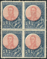 GJ.299, 1P. San Martín In Oval, Block Of 4 With VARIETY: Center With Downward Shift, Very Nice (one Stamp... - Andere & Zonder Classificatie