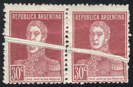 GJ.619, 1924 30c. San Martín On RIBBED PAPER, Pair With Notable Paper Fold, VF And Spectacular, Rare Variety... - Other & Unclassified