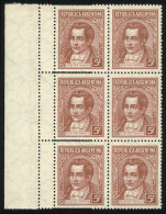 GJ.744, 5c. Moreno, Pair, Block Of 6 With Variety: DOUBLE PERFORATION In The Left Margin Producing 3 Small Labels,... - Other & Unclassified