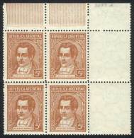 GJ.795EV, 5c. Moreno, Block Of 4 With White Labels At Right From The Gutter, With Sheet Margin At Top, Mint Never... - Autres & Non Classés