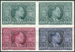 Year 1951, Juan Perón 60c. Unissued, Extremely Rare Block Of 4 With Stamps In 3 Different Colors,... - Andere & Zonder Classificatie