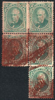 GJ.30a, 2c. Green With Red Overprint, Block Of 5 WITH And WITHOUT OVERPRINT, With Some Defects, Extremely Rare! - Service