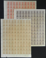 GJ.143/145, 1917 San Martín With Honeycomb Wmk And Perf 13½x12½, COMPLETE SHEETS Of 100 Stamps... - Officials