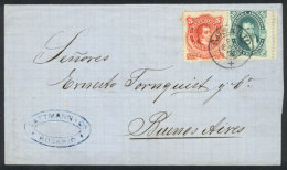 Folded Cover Sent To Buenos Aires On 23/JA/1873, Franked With 15c.(GJ.38 + 39), Cancelled "ROSARIO +" In Double... - Other & Unclassified