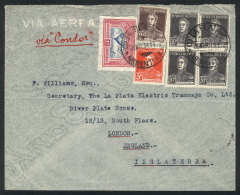 Airmail Cover Sent Via ZEPPELIN From La Plata To England On 28/MAY/1934, Franked With 3.15P. Including A Block Of 4... - Andere & Zonder Classificatie
