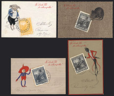 4 Beautiful And Very Rare PCs Edited By G.B.Pedrocchi, All With Reproductions Of Stamps From The Issue Seated... - Argentinië