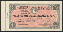 Rare "Vale Por 20 Litros De Nafta Y.P.F." (Voucher For 20 Liters Of Y.P.F. Gas ), Circa 1966, VF Quality! - Autres & Non Classés