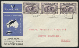 MAR/1934 First Flight Australia - England Of Quantas, Cover Franked By Sc.C3 Strip Of 3, VF Quality! - Brieven En Documenten
