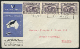 MAR/1934 First Flight Australia - England Of Quantas, Cover Franked By Sc.C3 Strip Of 3, VF Quality! - Briefe U. Dokumente