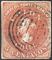 Yvert 1, 1853 5c. Redish Chestnut On Bluish Paper, 4 Margins, VF Quality, Catalog Value Euros 75. - Chili