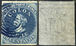 Yvert 6, Watermark With Horizontal Lines At Top, 3 Immense Margins And 1 Just, BLUE Cancel, Very Nice! - Chile