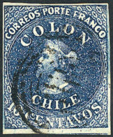 Yvert 6, Variety: Blue SHADE OMITTED In "CENTAVOS", 4 Good Margins, Excellent Quality! - Chili