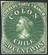 Yvert 10, 20c. Green, Mint, With Line Watermark At Bottom, 3 ½ Margins, Very Nice! - Chili