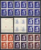 Yv.111, 1943 12k. + 6k. Red Cross, Lot Of 9 Blocks Of 4: Normal, Imperforate, Imperforate Horizontally, And 6 Trial... - Croatia