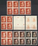 Yv.113, 1943 18k. + 8k. Red Cross, Lot Of 8 Blocks Of 4: Normal, Imperforate, Imperforate Horizontally, And 5 Trial... - Croatie