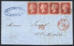 Entire Letter Sent From JERSEY To St. Malo (France) On 25/JUL/1866, Franked With Strip Of 4 Of SG.43 (Sc.33) Plate... - Autres & Non Classés