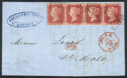 Entire Letter Sent From JERSEY To St. Malo (France) On 25/JUL/1866, Franked With Strip Of 4 Of SG.43 (Sc.33) Plate... - Sonstige & Ohne Zuordnung