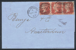 14/MAY/1867 Falmouth - Amsterdam: Folded Cover Franked With Strip Of 3 SG.43 (Sc.33) Plate 76 With Duplex Cancel... - Sonstige & Ohne Zuordnung