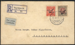 Sc.C1/C2, The 2 First Airmail Stamps Franking A Registered Cover Sent From Reykjavik To Vestmannaeyjun On... - Airmail