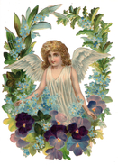 ANGE ENFANT Dans Un MEDAILLON FLEURI De Pensées Grand Format 18 Cm Gaufré - Engelen