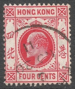 Hong Kong. 1907-11 KEVII. New Colours. 4c Used. Mult Crown CA W/M SG 93 - Gebraucht