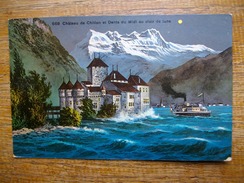 Suisse , Vaud , "" Veytaux "" Château De Chillon Et Dents Du Midi Au Clair De Lune """ Carte Avec Animation Beau Bateau - Veytaux