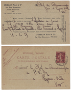 REPIQUAGE JOMAIN DE PARIS Sur ENTIER POSTAL CARTE POSTALE SEMEUSE 20c (DATE 430) CIRCULÉE 1925 CAD PARIS VOUILLE - Cartes Postales Repiquages (avant 1995)