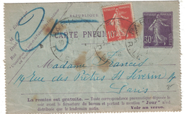 CARTE-LETTRE PNEUMATIQUE 30c VIOLET Avec COMPLEMENT TIMBRE 10c SEMEUSE CIRCULÉE En 1918 (ENTIER POSTAL) - Pneumatic Post