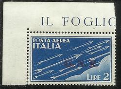 ITALIA REPUBBLICA SOCIALE RSI 1944 GNR BRESCIA II TIPO POSTA AEREA AIR MAIL LIRE 2 MNH OTTIMA CENTRATURA BORDO DI FOGLIO - Correo Aéreo