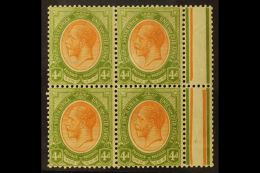1913-24 4d Orange-yellow & Sage-green, Marginal Block Of 4 With MISSING JUBILEE LINE In Margin VARIETY, SG... - Ohne Zuordnung
