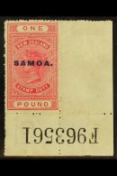 1914-24 £1 Rose-carmine Postal Fiscal, Perf 14, SG 126, Fine Mint, A Few Wrinkles, But A Rare Complete Sheet... - Samoa