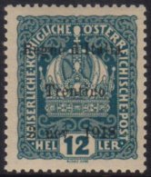 TRENTINO 1918 12h Blue-green Overprinted "Regno D'Italia Etc", Sass 5, Very Fine Never Hinged Mint. Signed Oliva.... - Unclassified