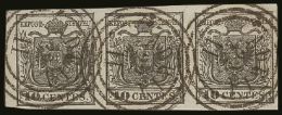 LOMBARDY-VENETIA 1850 10c Black On Hand-made Paper, Sassone 2, (Michel 2Xa), Used Strip Of 3 With Huge Margins And... - Sin Clasificación