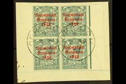 1922-23 SAORSTAT 4d Grey-green, Right Marginal Block Of Four, Showing NO ACCENT, SG 58a, On A Piece Tied By Cds's.... - Altri & Non Classificati