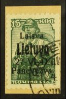 LITHUANIA. PONEWESCH 1941 15k Dark Green With Black Overprint, Michel 6b, Very Fine Used Tied To Small Piece.... - Otros & Sin Clasificación