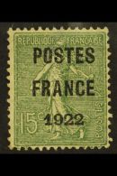 PREOBLITERES 1922 15c Olive With "POSTES / FRANCE / 1922" Precancel, Yvert 37, No Gum, Small Thin.  For More... - Otros & Sin Clasificación