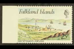 1981 25p Early Settlements Port Louis (SG 390) IMPERFORATE AT LEFT BETWEEN STAMP AND SHEET MARGIN, Never Hinged... - Falkland Islands