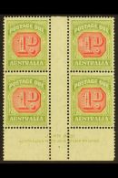 POSTAGE DUES 1938 1d Carmine And Green, SG D113, Marginal Gutter Block Of 4 With John Ash Imprint, Fresh Mint.... - Sonstige & Ohne Zuordnung