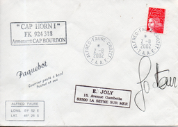 TAAF. Enveloppe. Cachet CAP HORNI FK 924 318 Armement  CAP BOURBON. Alfred Faure Crozet 2-8-2002 - Covers & Documents