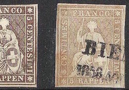 II.Periode- Faden Schwarz 1856: 5 RAPPEN Matt-braun Zu 22 Da Mi 13IIBys Mit Stab-o BIENNE 1858 (Zu-Spezial CHF 200.00) - Used Stamps